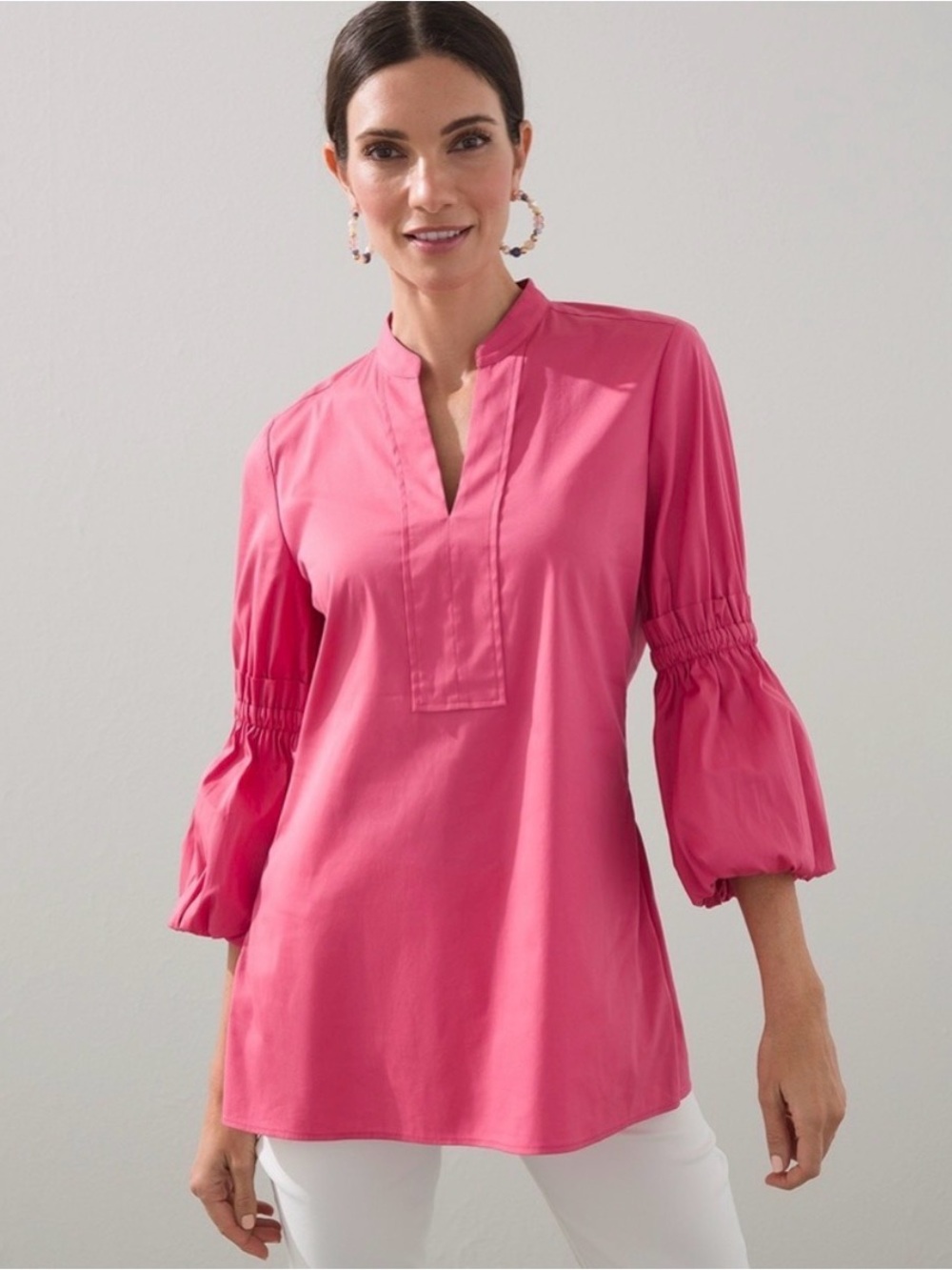 Chico's Poplin Ruffle Bubble Hem Sleeve V-Neck Popover Blouse Top Size 2/12